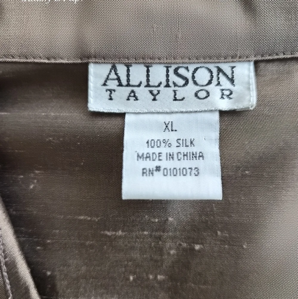 Allion Taylor Gold Silk Satin Band Collar V-Neck Blouse - Long Sleeve - Picture 2 of 7